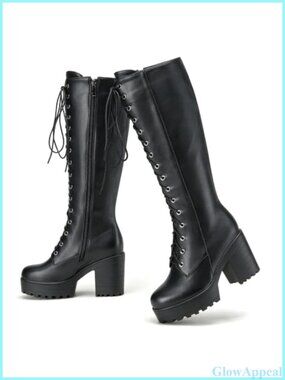 Knee High Platform Combat Boots Lace Up Chunky Heel